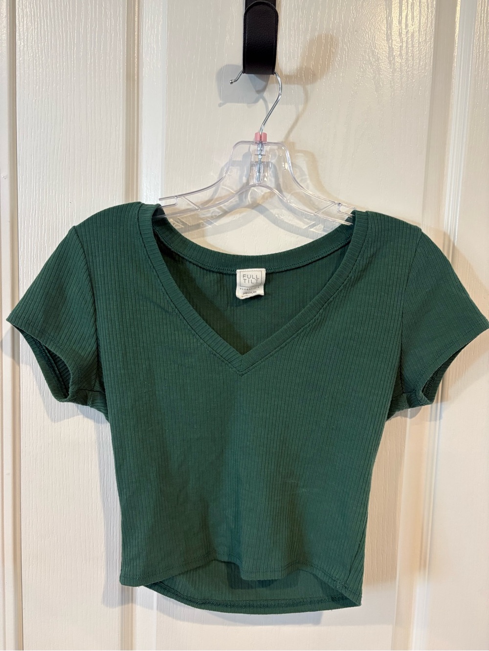 Full Tilt Dark Green Ribbed V-Neck Crop Top